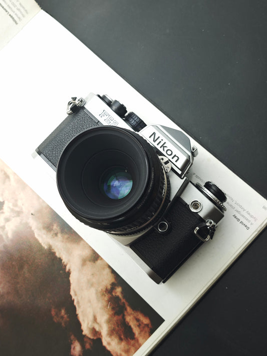 Nikon FE2 silver with Micro- Nikkor 55mm F2.8