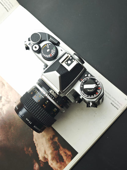 Nikon FE2 silver with Micro- Nikkor 55mm F2.8